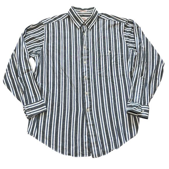 The Fox Collection Mens L Button Down Shirt Gray White Blue Stripe Long Sleeve - Picture 1 of 5